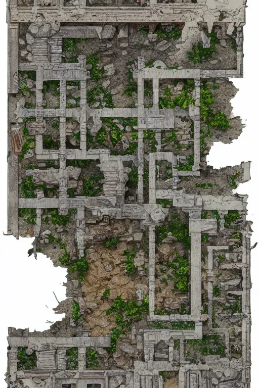 Prompt: full - color fantasy floor plan map of a ruined temple, 8 k, sharp details, highly detailed, bold edges, by greg rutkowski and james gurney, trending on artstation