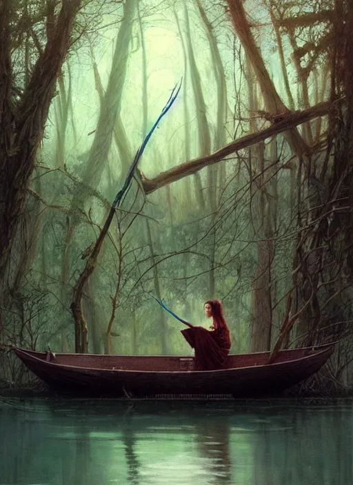 Image similar to boat in the woods by a river gorgeous lighting, lush forest foliage blue sky a hyper realistic painting by chiara bautista and beksinski and norman rockwell and greg rutkowski, tom bagshaw weta studio, and lucasfilm