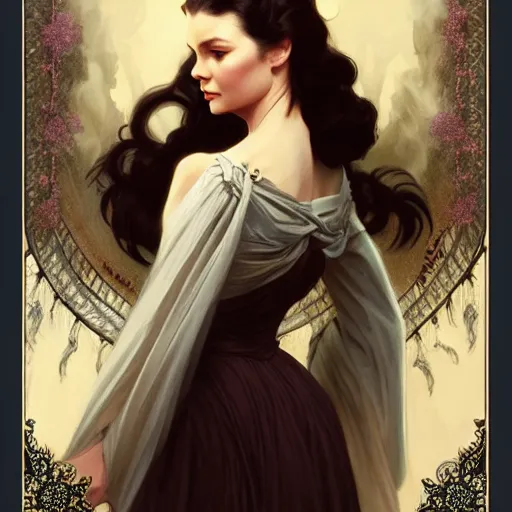 Image similar to Vivien Leigh in Gone With the Wind, D&D, fantasy, intricate, elegant, highly detailed, digital painting, artstation, concept art, matte, sharp focus, illustration, art by Artgerm and Greg Rutkowski and Alphonse Mucha