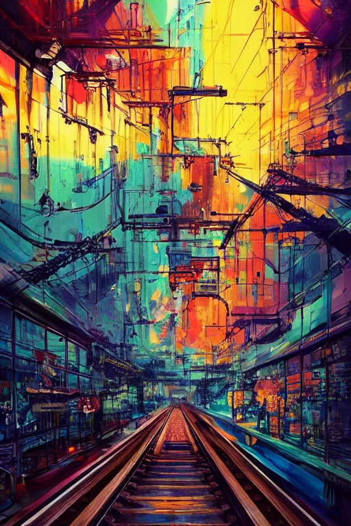 Image similar to trains covered in dripping colorful graffiti paint, painterly, james jean, yoshitaka amano, hiroshi yoshida, moebius, loish, artgerm, painterly, symmetrical, ultra detailed, hyper realistic, illustration, sunset lighting