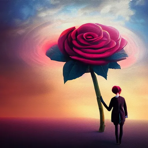 Prompt: closeup, giant rose flower under head, frontal, girl in a suit, surreal photography, sunrise, dramatic light, impressionist painting, digital painting, artstation, simon stalenhag