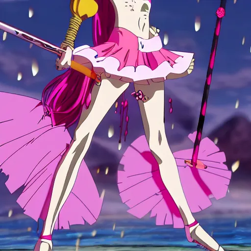 Image similar to hisoka wearing a pink tutu ballet dress with a shiny chrome sword in his hand while standing on a rainy beach with girls in colorfull bikini ‘ s in the back, anime style, 4 k, high detail, minimalistic,