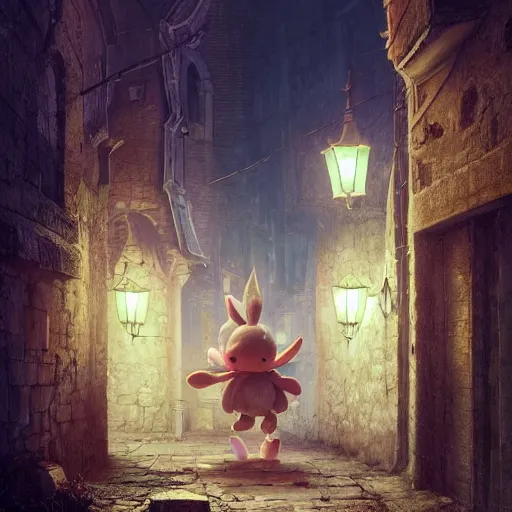 Image similar to A Moogle from Final Fantasy video game sneaking through the streets of a medieval village at night, glowing lights, oil painting, Greg Rutkowski, Charlie Bowater, Beeple, unreal 5, DAZ, hyperrealistic, octane render, RPG portrait, dynamic lighting, fantasy art, beautiful face