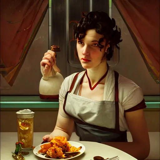 Prompt: the roman god of food, wearing a soiled apron, service short order food in a cyberpunk diner, intricate, headshot, highly detailed, digital painting, artstation, concept art, sharp focus, cinematic lighting, illustration, art by artgerm and greg rutkowski, alphonse mucha, cgsociety, edward hopper