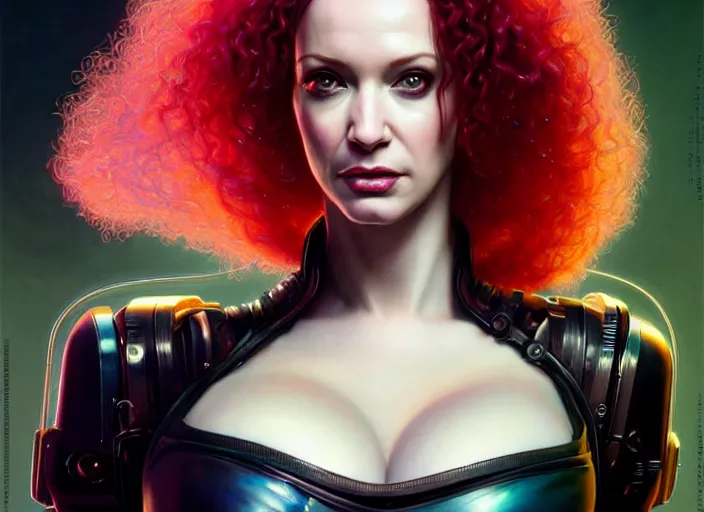 Prompt: portrait shot of a christina hendricks wearing cyberpunk clothing in cyberpunk 2 0 7 7, intricate, elegant, highly detailed, centered, digital painting, artstation, concept art, smooth, sharp focus, illustration, artgerm, tomasz alen kopera, peter mohrbacher, donato giancola, joseph christian leyendecker, wlop, boris vallejo