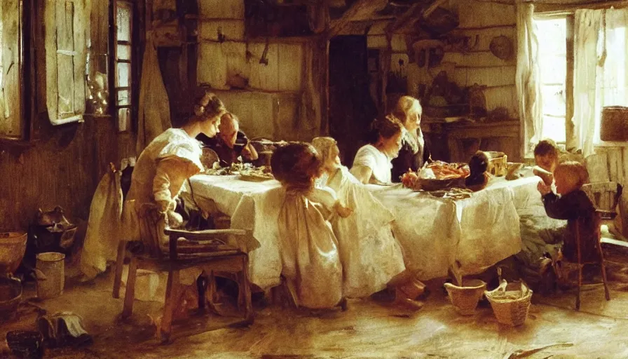 Image similar to simple villager family about to eat a meal together in their beautiful simple cottage home, art by anders zorn, wonderful masterpiece by greg rutkowski, beautiful cinematic light, american romanticism thomas lawrence, greg rutkowski