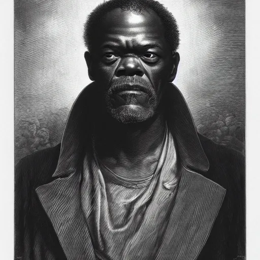 Image similar to a realistic portrait of samuel jackson, illustration by gustave dore