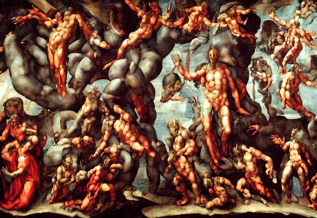 Prompt: the arrival of the first divine alien god to earth, cinematic painted by michelangelo