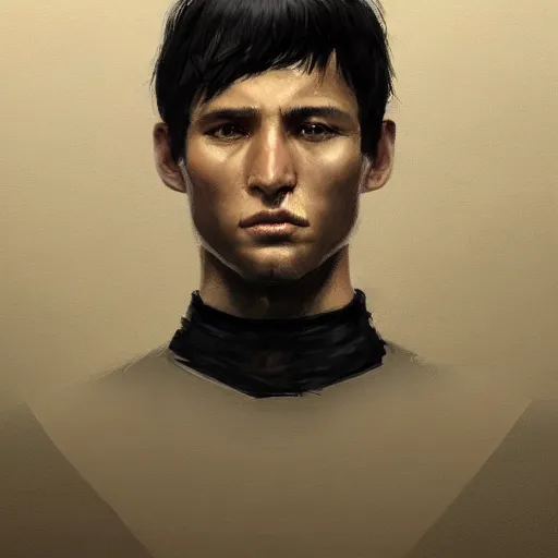 Image similar to Portrait of a man by Greg Rutkowski, he is about 30 years old, mixture between russian and chinese, short black hair, attractive, smart looking, he is wearing a utilitarian beige and black jumpsuit, highly detailed portrait, scifi, digital painting, artstation, concept art, smooth, sharp foccus ilustration, Artstation HQ