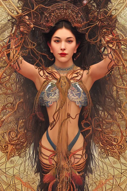 Image similar to an immaculate render of a dancing tribal goddess adorned with leaves and cables and bird wings, dancing in a temple surrounded by wild tentacles made from mandalas and incense smoke, full body, perfect face, powerful, cinematic, beautifully lit, by artgerm, by alphonse mucha, by android jones, 3 d, trending on artstation, octane render, 8 k