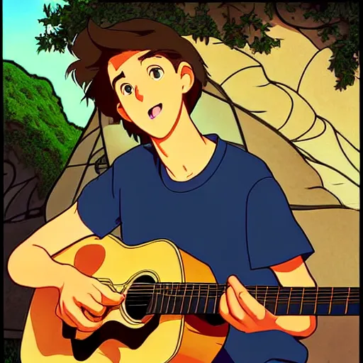 Image similar to teen boy with light brown hair and brown eyes, playing acoustic guitar, natural lighting, path traced, highly detailed, high quality, cartoon, digital painting, by don bluth and ross tran and studio ghibli and alphonse mucha