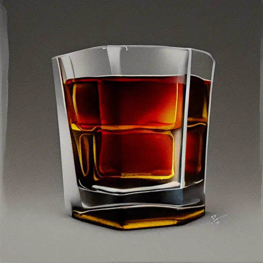 Prompt: glass of whiskey classic painting, gouache, caustic, render, volumetric, pbr material