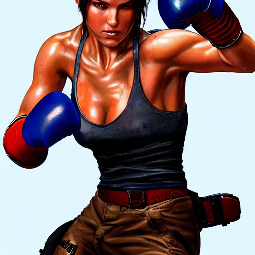 Prompt: Portrait of Tomb Raider wearing boxing gloves, intricate upper body , whole body, highly detailed, digital painting, artstation, concept art, smooth, sharp focus, illustration, art by Hajime Sorayama