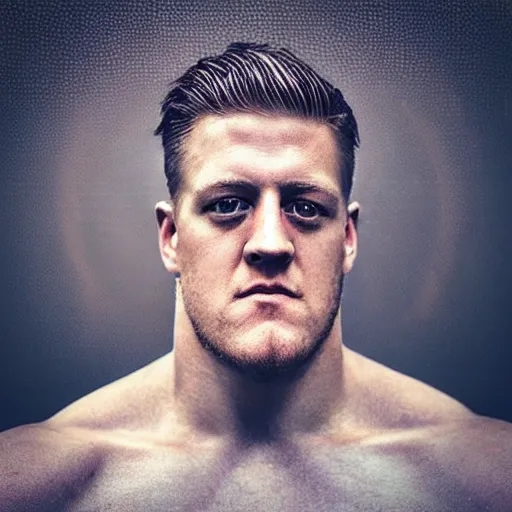 Image similar to “a realistic detailed photo of a guy who is an attractive humanoid who is half robot and half humanoid, who is a male android, football player JJ Watt, shiny skin, posing like a statue, blank stare”