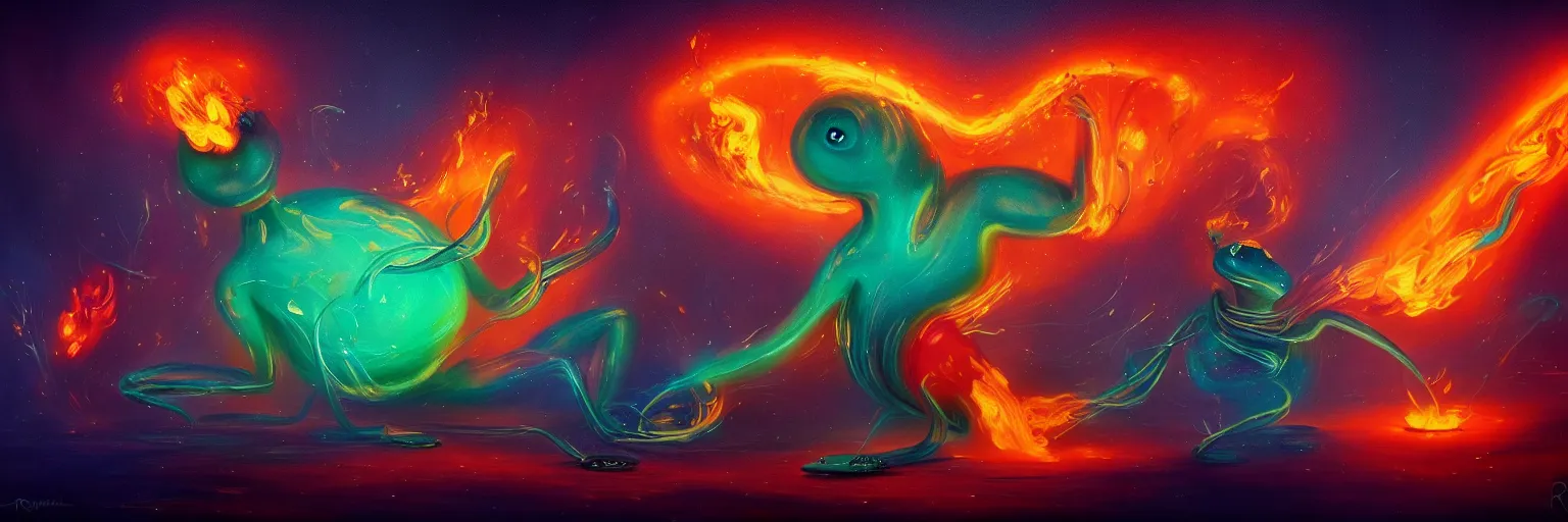 Image similar to whimsical surreal fiery plankton creatures, surreal dark uncanny painting by ronny khalil