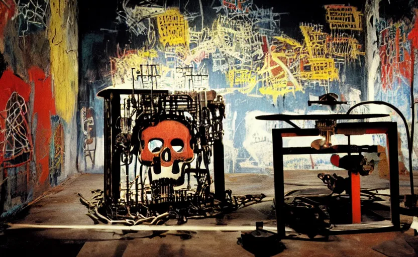 Image similar to photograph of a skull machine built by basquiat perfect composition masterpiece dramatic lighting