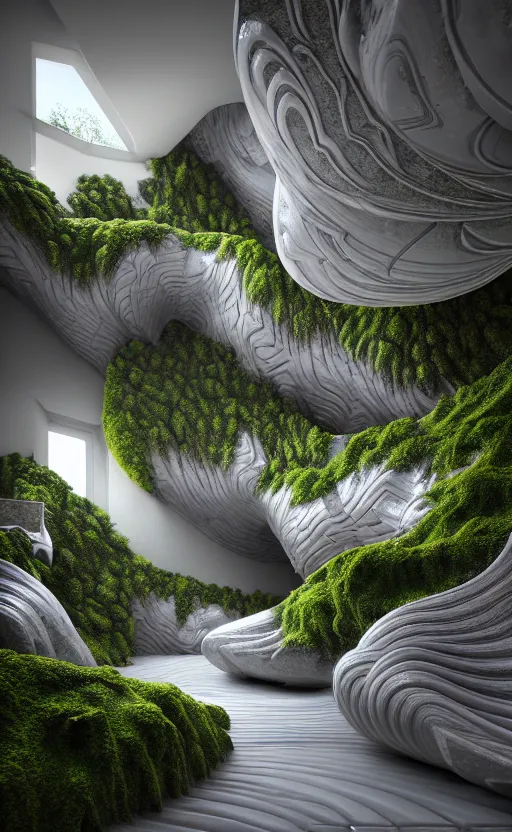 Image similar to highly detailed ultra sharp 3 d render villa interior cinematic composition of a smooth ceramic porcelain biomorphic magnolia stone nebula fluid fractal sci - fi surreal architecture landscape, granite, metallic, magnesium, marble, moss and lichen, vincent callebaut composition, mamou - mani, archviz, beautiful lighting, 8 k, unreal engine, hdr,