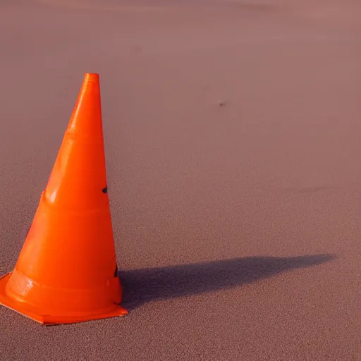 Prompt: a traffic cone left abandoned in the desert sand. award-winning photography.