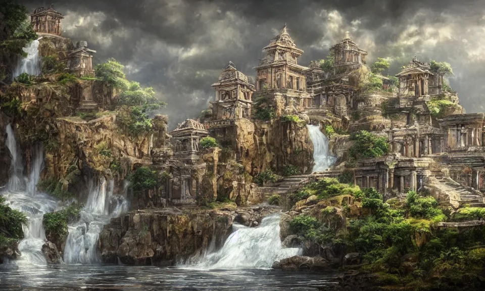 Image similar to ancient temple on top of a waterfall, digital art, concept art, fantasy art, highly detailed, hd wallpaper, hdr, artstation, deviantart, behance