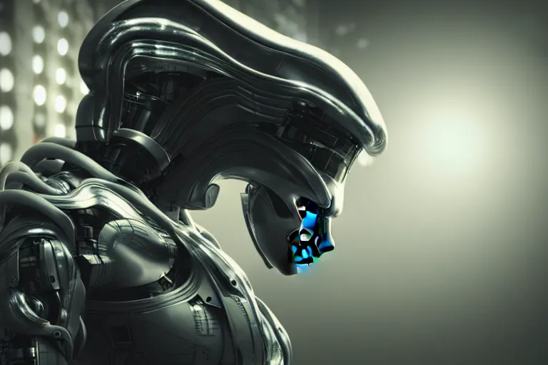 Image similar to cyberpunk alien concept inspired robot, futuristic look, highly detailed body, very powerful, photorealistic camera shot, bright studio setting, studio lighting, crisp quality and light reflections, unreal engine 5 quality render