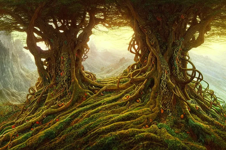 Image similar to a beautiful and highly detailed digital painting of an elven tree with celtic roots in the mystical mountains, psychedelic patterns, intricate details, epic scale, 8 k, sharp focus, photorealism, artstation, cgsociety, by caspar friedrich, albert bierstadt, james gurney, brian froud,