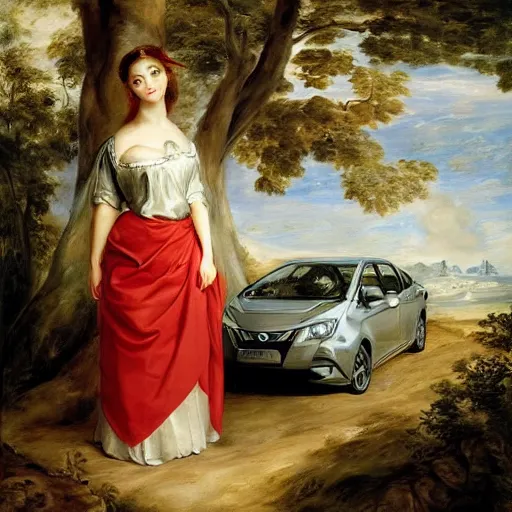 Image similar to heavenly summer sharp land sphere scallop well dressed lady standing next to a toyota corolla, auslese, by peter paul rubens and eugene delacroix and karol bak, hyperrealism, digital illustration, fauvist, standing next to a toyota corolla