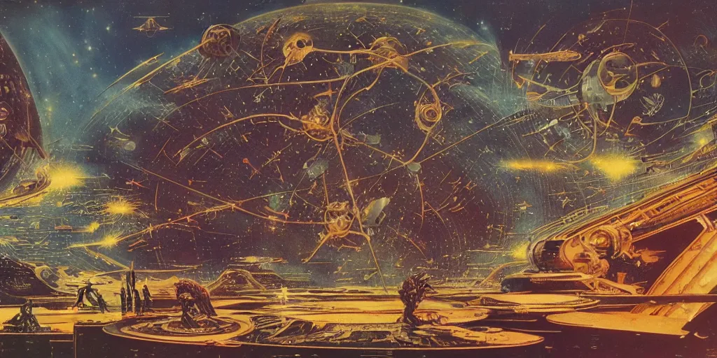 Image similar to starmap interface, retro futuristic vintage sci - fi, amazingly detailed, dark science fiction, bruce pennington, amazing masterpiece map making