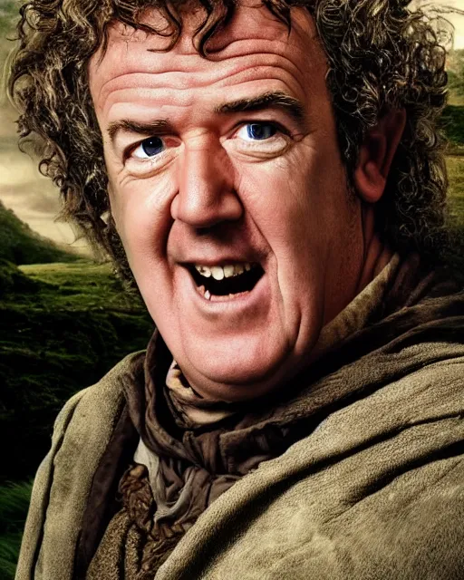 Prompt: film still close - up shot of jeremy clarkson as bilbo baggins from the movie the hobbit. photographic, photography