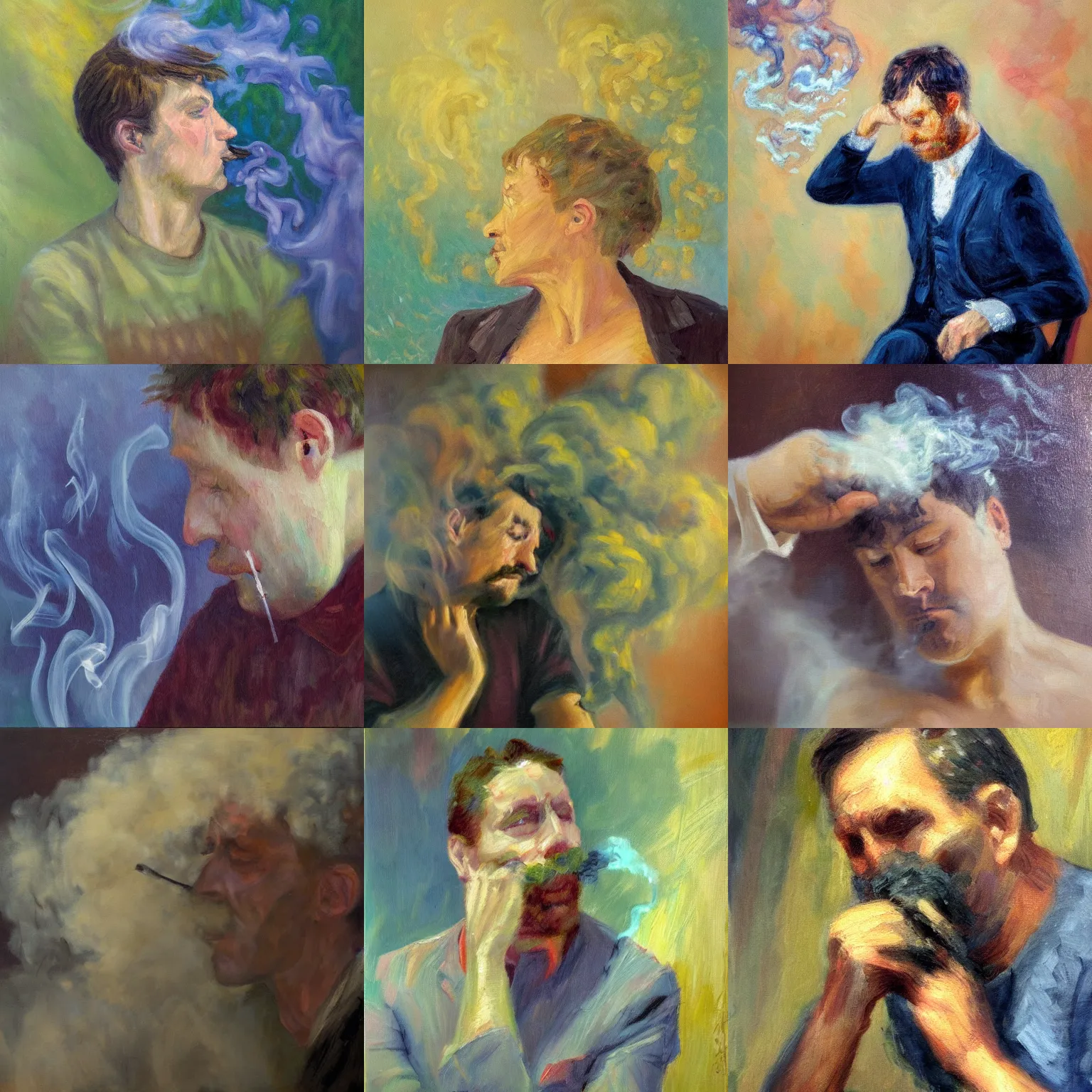 Prompt: An impressionist oil painting of a human thinking so hard that smoke is coming out of the head