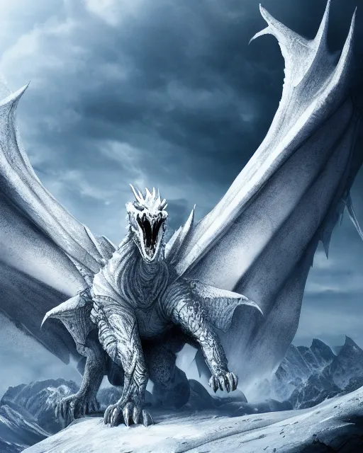 Image similar to giant ice dragon standing on a mountain, highly detailed, 4 k, hdr, award - winning, directed by zack snyder, trending on art station, matte