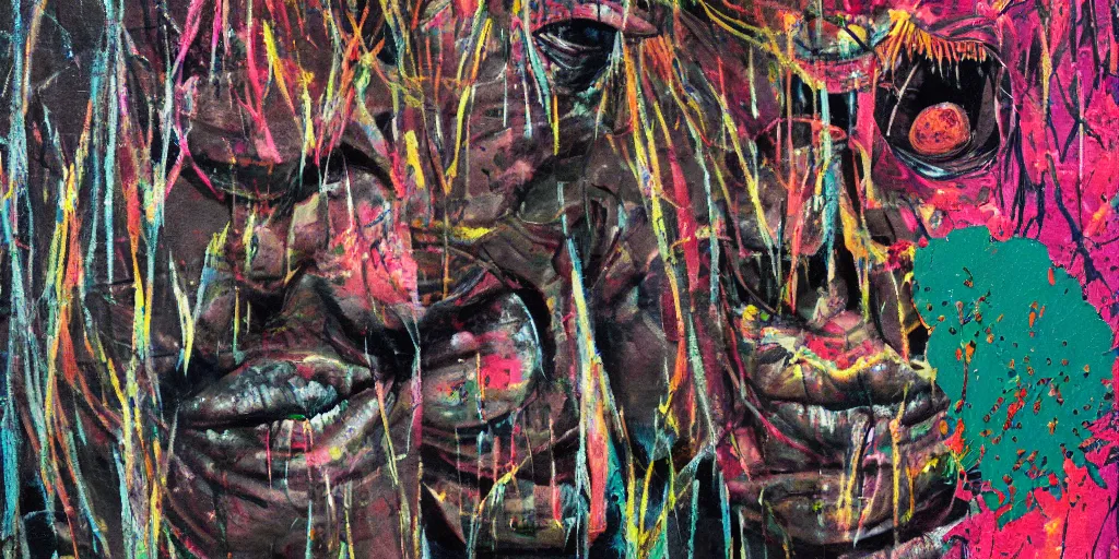 Image similar to camo made of teeth, smiling, abstract, francis bacon artwork, tribal, neon, cryptic, dots, stipple, lines, splotch, color tearing, pitch bending, faceless people, dark, ominous, eerie, minimal, points, technical, old painting