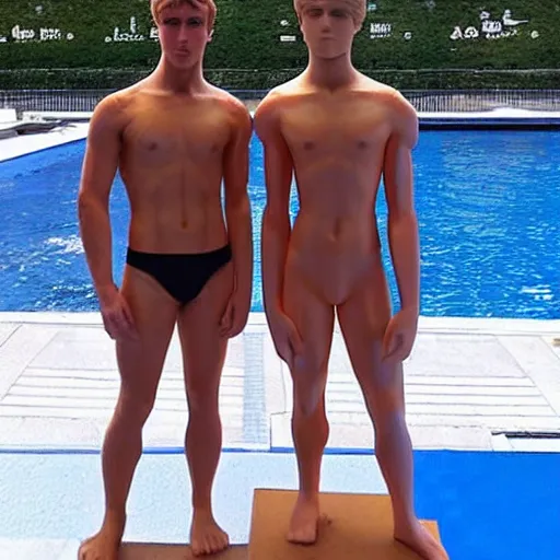 Image similar to “a realistic detailed photo of a guy who is an attractive humanoid who is half robot and half humanoid, who is a male android, British diver Jack Laugher & Chris Mears, shiny skin, posing like a statue, blank stare, by a diving pool, on display”