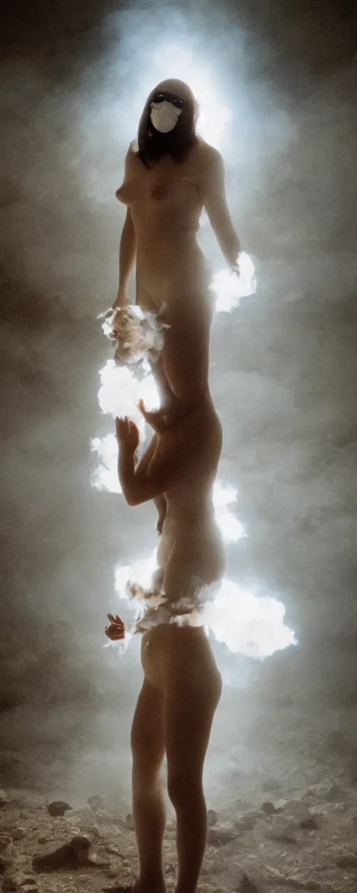 Image similar to The full body shot of beautiful pale woman with white flowers and full-face golden mask inside a thick black smoke in rocky desert landscape, glowing eyes everywhere, burning earth by Gaspar Noe and Christopher Doyle, anamorphic lens, anamorphic lens flares, kodakchrome, cinematic composition, practical effects, award winning photo, 8k