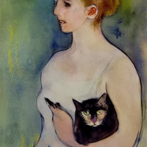 Image similar to Ciri holding a cat, art, minimalistic painting, watercolor on paper, high quality, by Edgar Degas, by Berthe Morisot, by Conrad Roset