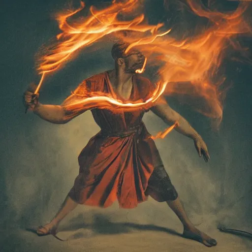 Image similar to a man holding a whip surrounded by an aura of fire