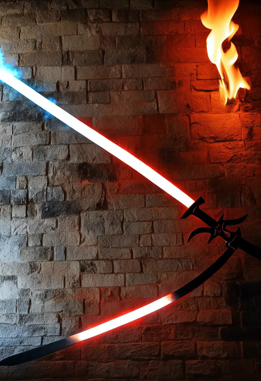 Prompt: photo of a magical fantasy longsword displayed on a wall. the sword is glowing with hot fire power and giving off a subtle black smoke.