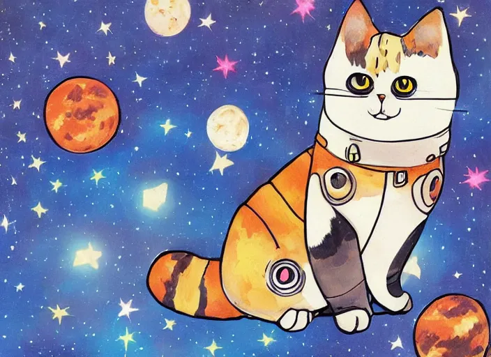 Prompt: painting of a cat dressed as an astronaut, cute, calico, stars, galaxies, planets, moons, stuido ghibli, gurren lagann