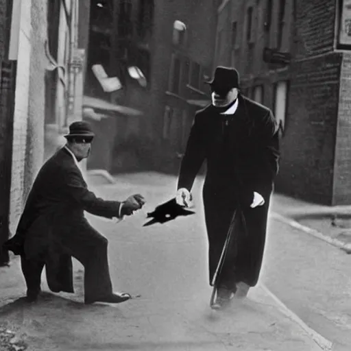 Image similar to old black and white photo, 1 9 2 5, depicting batman fighting a al capone in black tie and suit in an alley of new york city, rule of thirds, historical record
