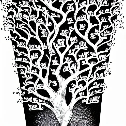Image similar to the tree of knowledge bearing strange fruit by mc escher, line art, charcoal, ink drawing, illustration, color