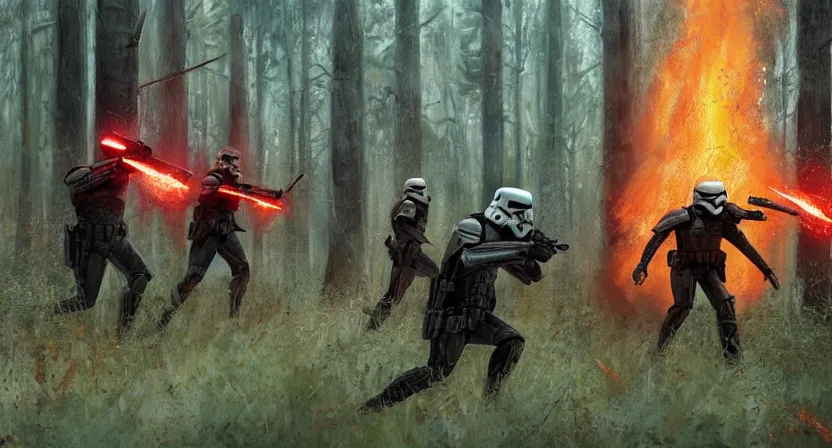 Image similar to imperial stormtroopers shooting red blaster bolts in barren lifeless forest with burned trees concept art by Doug Chiang cinematic, realistic painting, high definition,very detailed, extremely high detail, photo realistic, concept art, red color palette, the Mandalorian concept art style