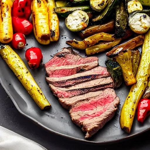 Image similar to delicious 3 2 mm zoomed in adversities photography of a large seared and smoked and seasoned steak well done, with a side seasoned grilled vegetables top in a creamy mozzarella cheese sauce, on a hot platter, very delicious