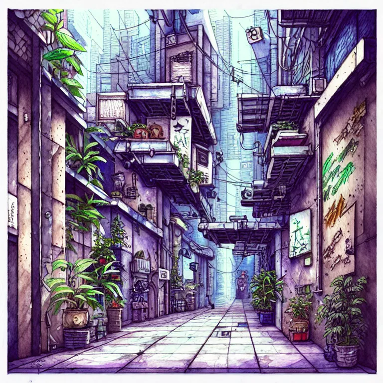 Prompt: an absurdly-detailed cyberpunk alleyway watercolor-calligraphy-pen drawing as a fancy square tile. Cats and Robots and Potted-Plants.