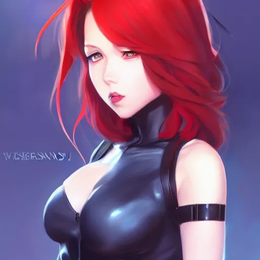 Image similar to black widow as an anime girl by Stanley Artgerm Lau, WLOP, Rossdraws, James Jean, Andrei Riabovitchev, Marc Simonetti, and Sakimichan, trending on artstation