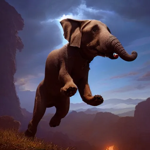 Prompt: dog jumps over hill, dog looks like elephant with trunk!, intricate, epic lighting, cinematic composition, hyper realistic, 8 k resolution, unreal engine 5, by artgerm, tooth wu, dan mumford, beeple, wlop, rossdraws, james jean, marc simonetti, artstation