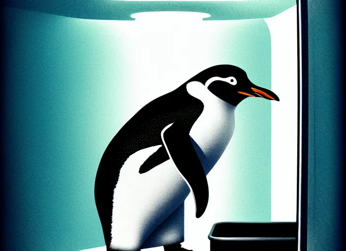 Prompt: penguin inside a refrigerator, colorful,modern art deco, Mads Berg, Karolis Strautniekas,small finely stippled light, dramatic lighting, editorial illustration, detailed, matte print, film noir, dynamic composition,moody