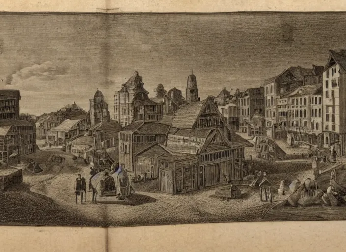 Prompt: realistic photo of a town, settlement, buildings, detailed scenery, early modern time period