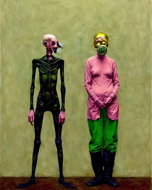 Image similar to two skinny old people with extra limbs, wearing gas masks and robes of gold, green and pink, cinematic, dystopian, eerie, horror, gothic, highly detailed painting by Jenny Saville, Esao Andrews, Francis Bacon, !!!Edward Hopper!!! surrealism, art by Takato Yamamoto and James Jean