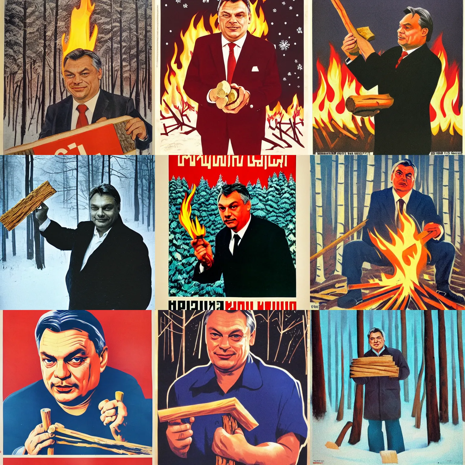 Prompt: soviet poster of viktor orban, holding a burning wood piece, winter forest in background