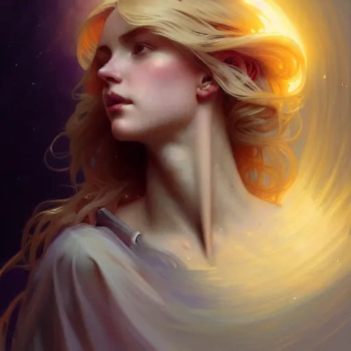 Image similar to A girl with blonde hair and glowing halo, spiritual, ethereal, dramatic lighting, fantasy, intricate, elegant, highly detailed, digital painting, artstation, concept art, smooth, sharp focus, illustration, art by Krenz Cushart and Artem Demura and alphonse mucha