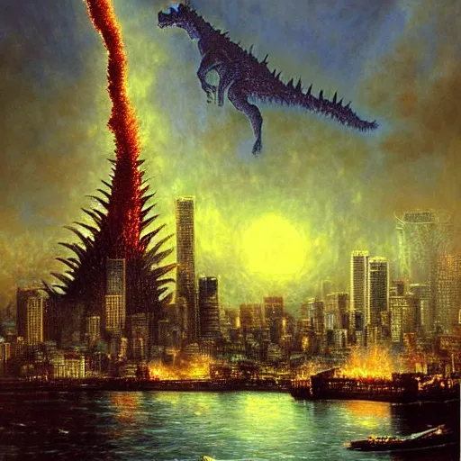 Image similar to Godzilla destroying Tokyo, Thomas Kincade